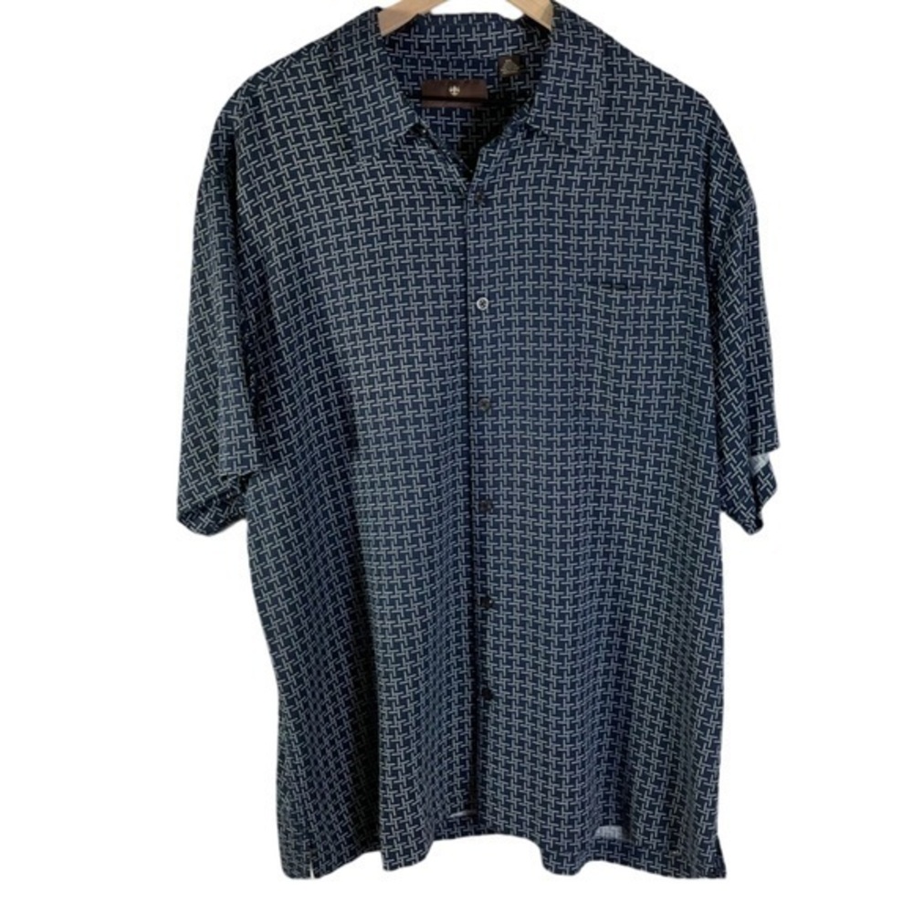 TOSCANO Men's Size XXL Button Front Short Sleeve Shirt Blue Print Silk Blend